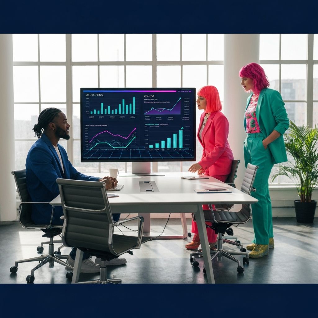 Business team reviewing analytics dashboard showing productivity improvements